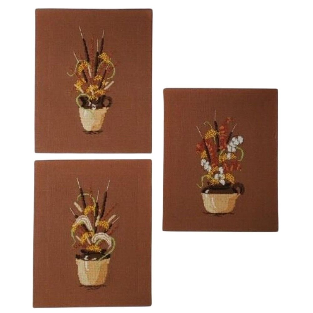 Vintage 1970s Hand Stitched Cross Stitch Needlepoint Wall‎ Art Set of 3 Floral